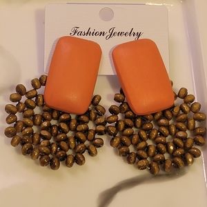 Orange Wood Beaded Drop Earrings